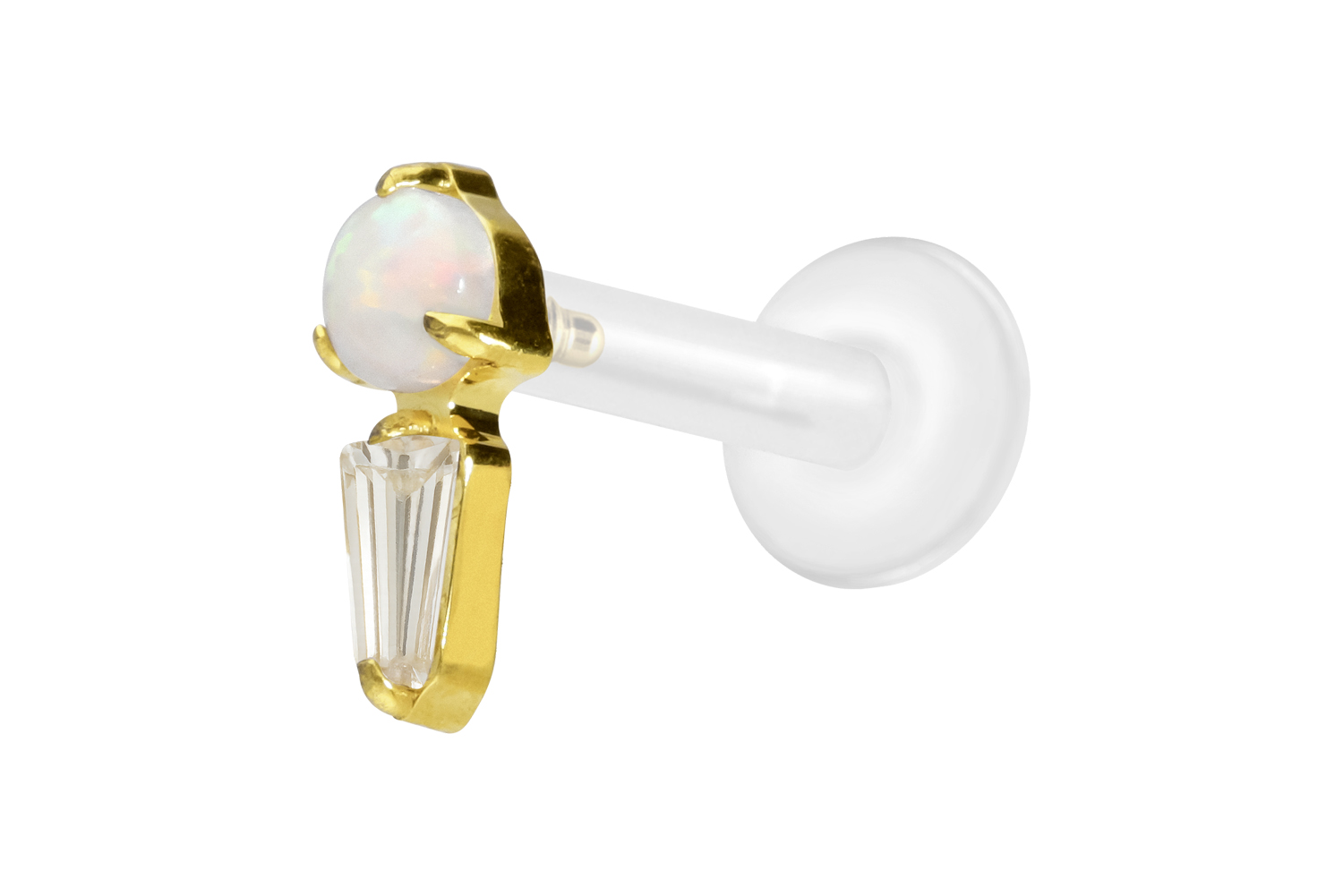 PTFE Labret Piercing mit Innengewinde + Titan-Aufsatz SYNTHETISCHER OPAL + KRISTALLRECHTECK